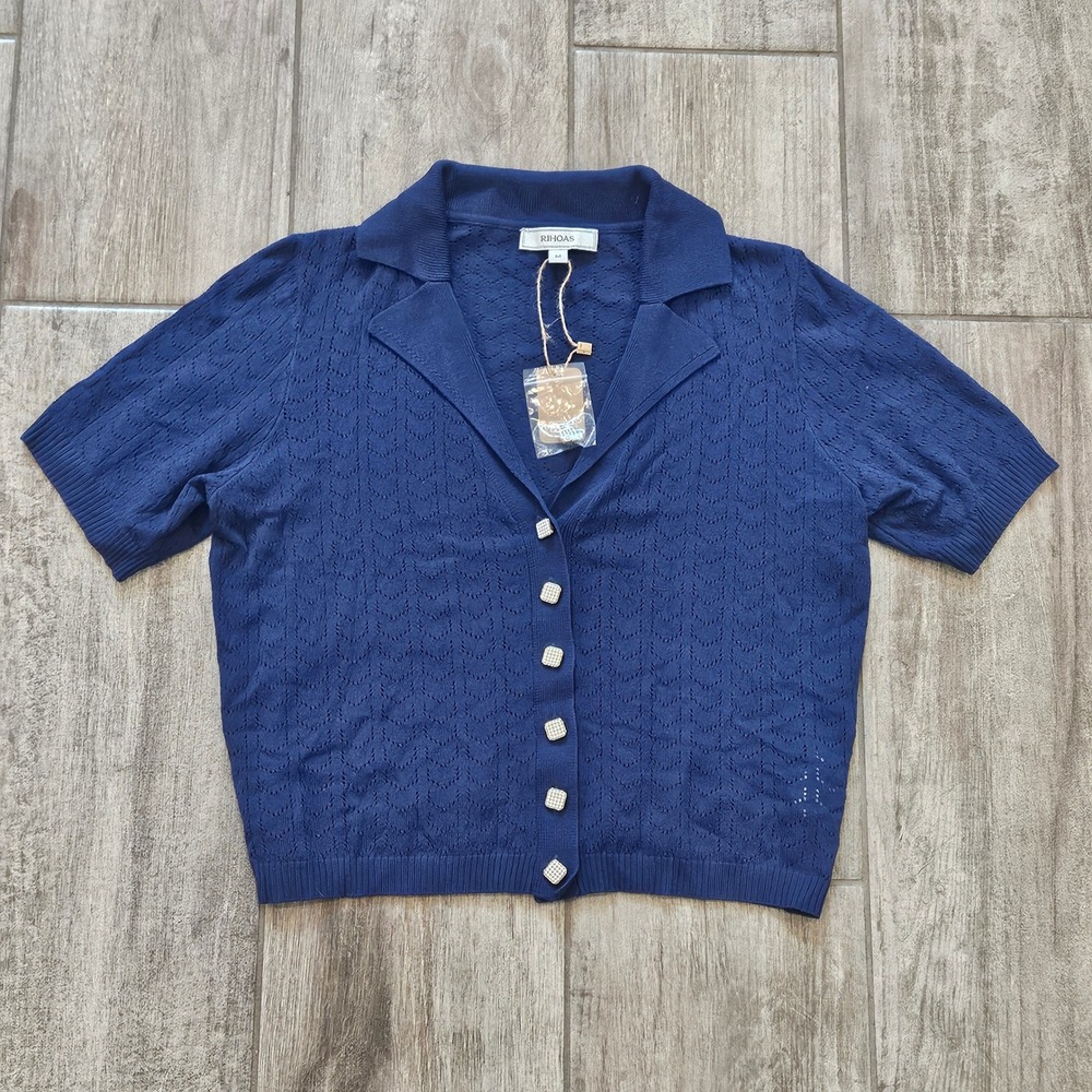 RIHOAS Cardigan Sweater Size M Navy NEW Short Sleeve Pointelle Crochet Lace